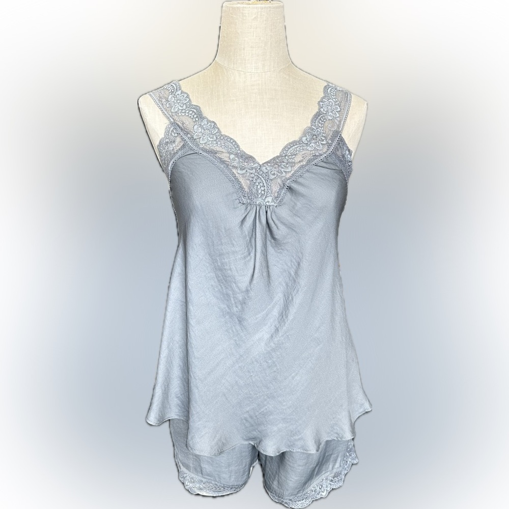 Olive Grey Lace Trim Satin Camisole & Shorts Set